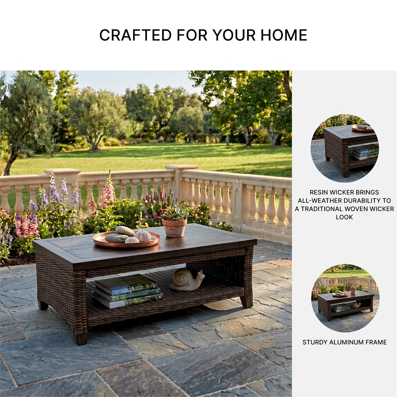 Bowery Hill Outdoor Wicker Coffee Table with Aluminum Top and Shelf