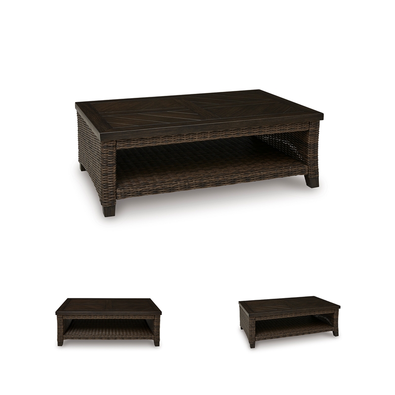 Bowery Hill Outdoor Wicker Coffee Table with Aluminum Top and Shelf
