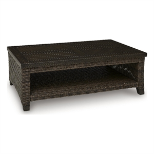 Bowery Hill Outdoor Wicker Coffee Table with Aluminum Top and Shelf