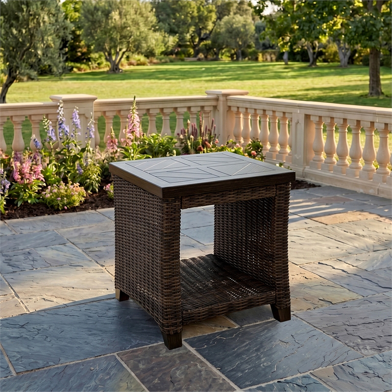Bowery Hill Outdoor Wicker End Table with Wood-Look Finish and Shelf