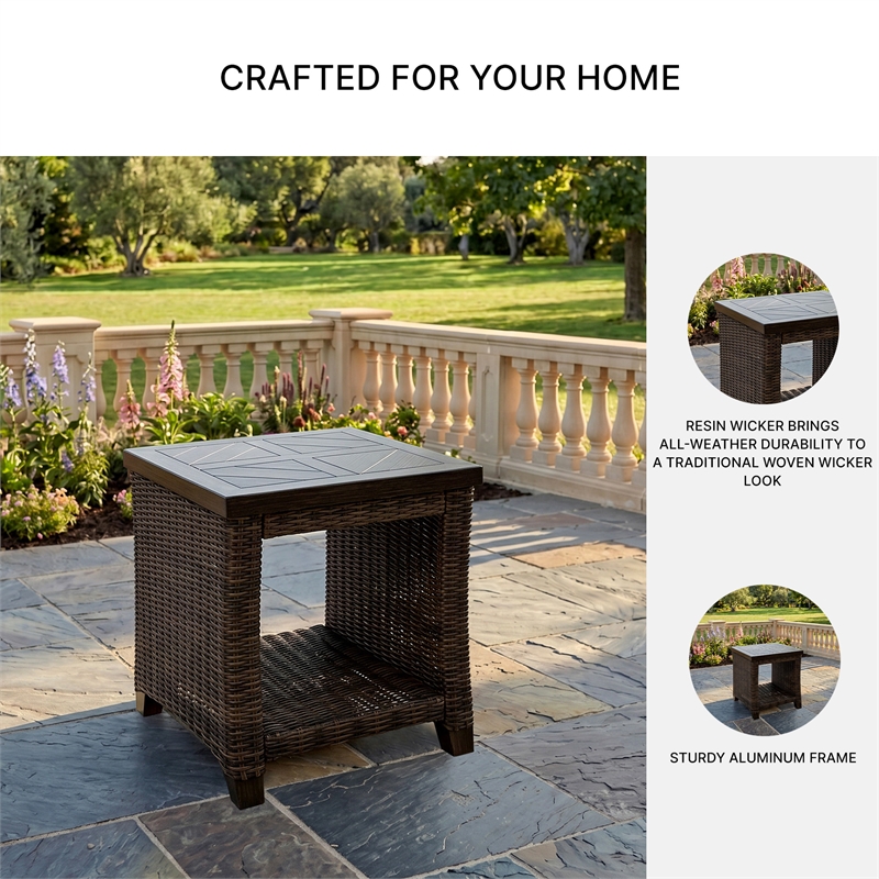 Bowery Hill Outdoor Wicker End Table with Wood-Look Finish and Shelf
