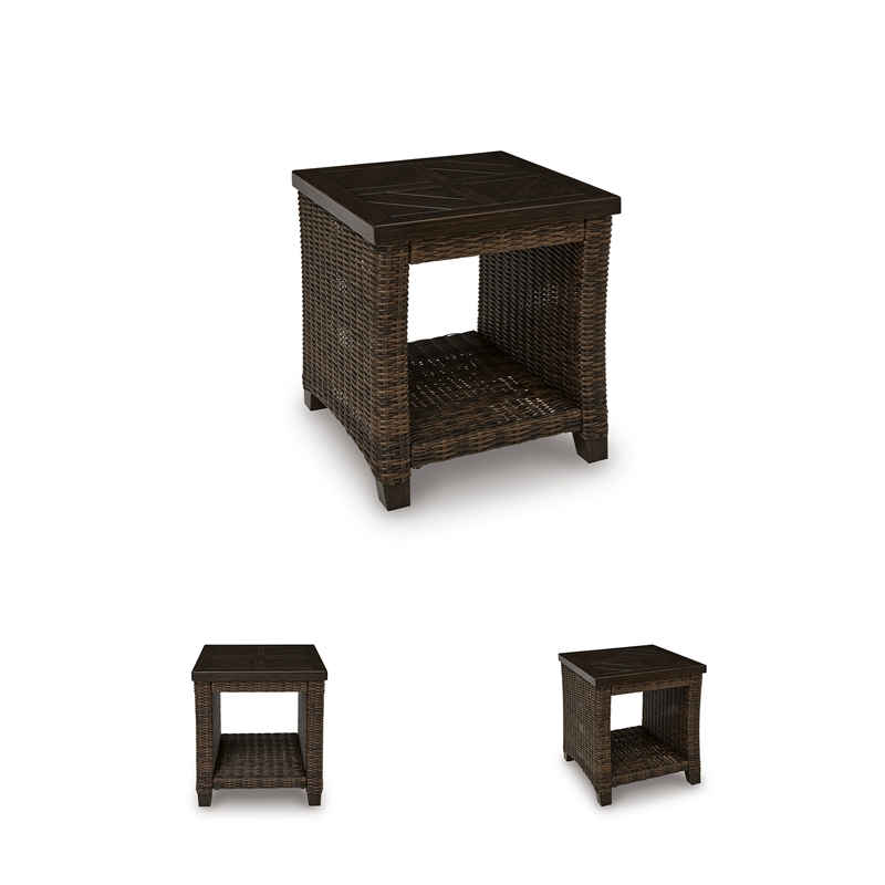 Bowery Hill Outdoor Wicker End Table with Wood-Look Finish and Shelf