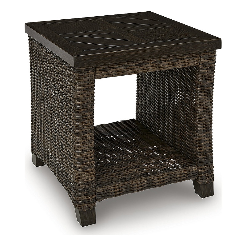 Bowery Hill Outdoor Wicker End Table with Wood-Look Finish and Shelf