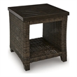Bowery Hill Outdoor Wicker End Table with Wood-Look Finish and Shelf