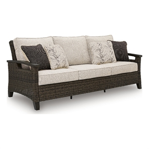 Bowery Hill Outdoor Wicker Sofa with Wood-Look Finish and Pillows