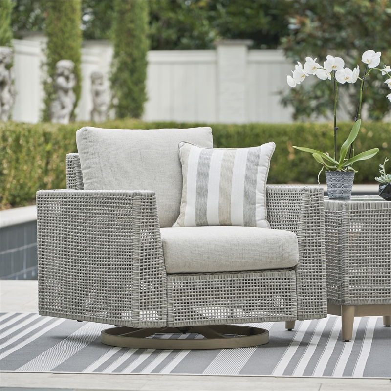 Bowery Hill Neutral Outdoor Wicker Swivel Lounge with Cushion