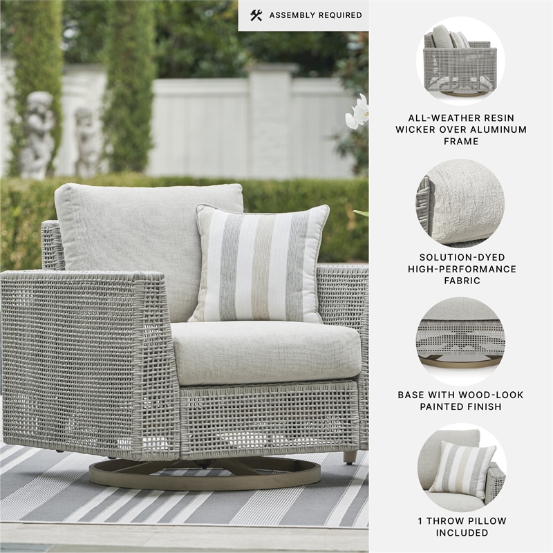 Bowery Hill Neutral Outdoor Wicker Swivel Lounge with Cushion