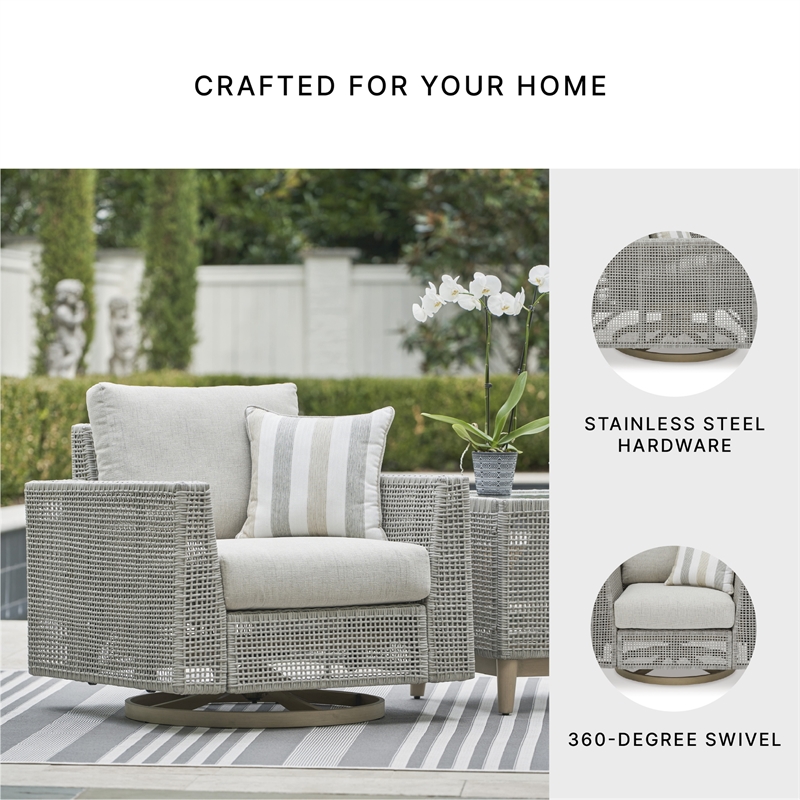 Bowery Hill Neutral Outdoor Wicker Swivel Lounge with Cushion