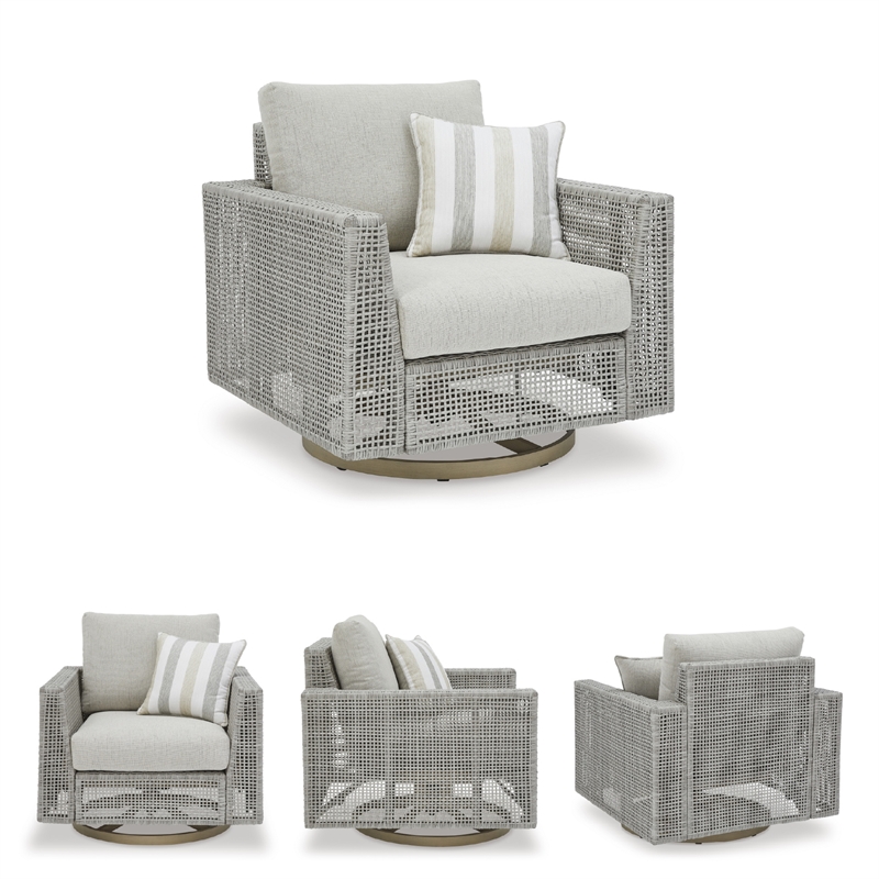 Bowery Hill Neutral Outdoor Wicker Swivel Lounge with Cushion