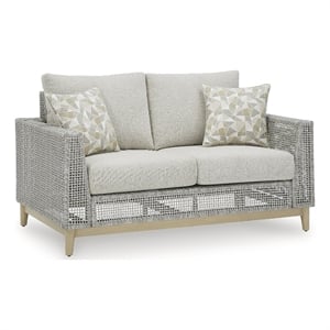 Bowery Hill Neutral Outdoor Wicker Loveseat with Cushion and Pillows