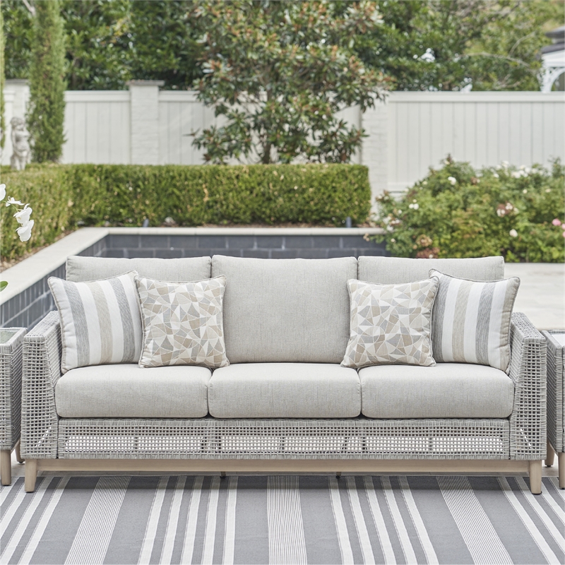 Bowery Hill Neutral Outdoor Wicker Sofa with Cushion and Pillows