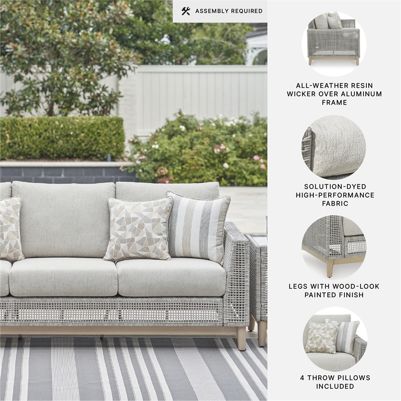 Bowery Hill Neutral Outdoor Wicker Sofa with Cushion and Pillows