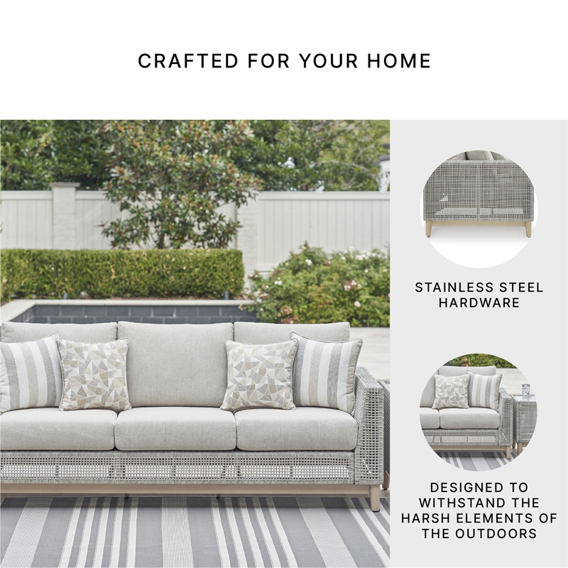Bowery Hill Neutral Outdoor Wicker Sofa with Cushion and Pillows