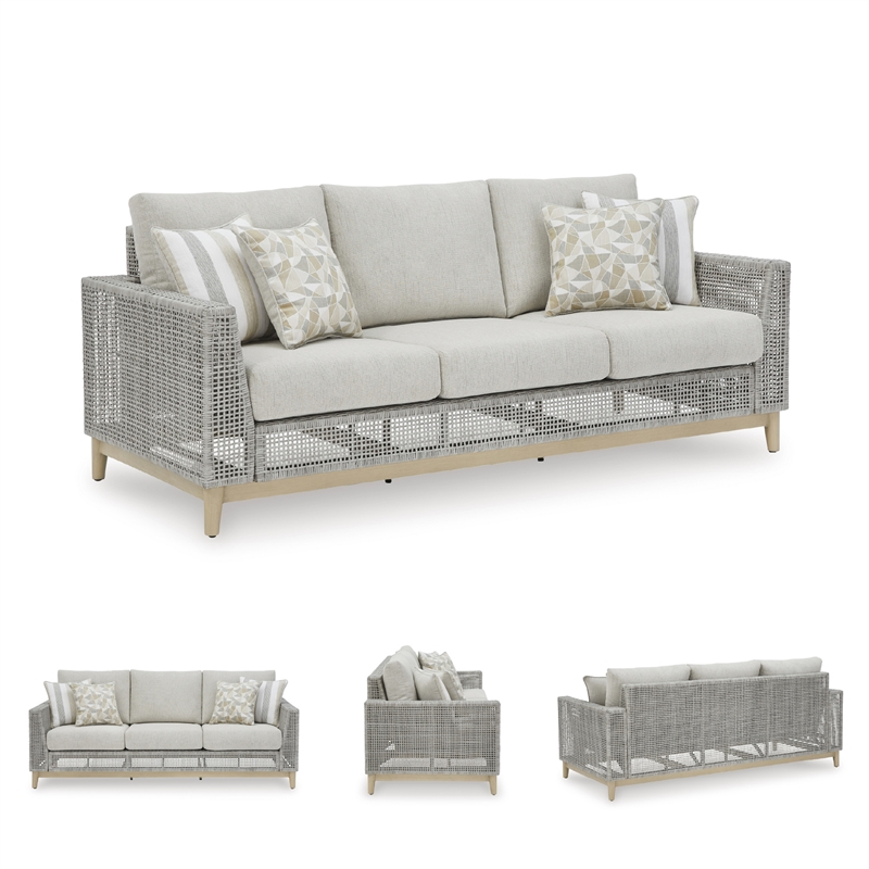 Bowery Hill Neutral Outdoor Wicker Sofa with Cushion and Pillows