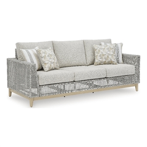 Bowery Hill Neutral Outdoor Wicker Sofa with Cushion and Pillows