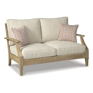 Bowery Hill Outdoor Eucalyptus Wood Loveseat with Cushion and Pillows