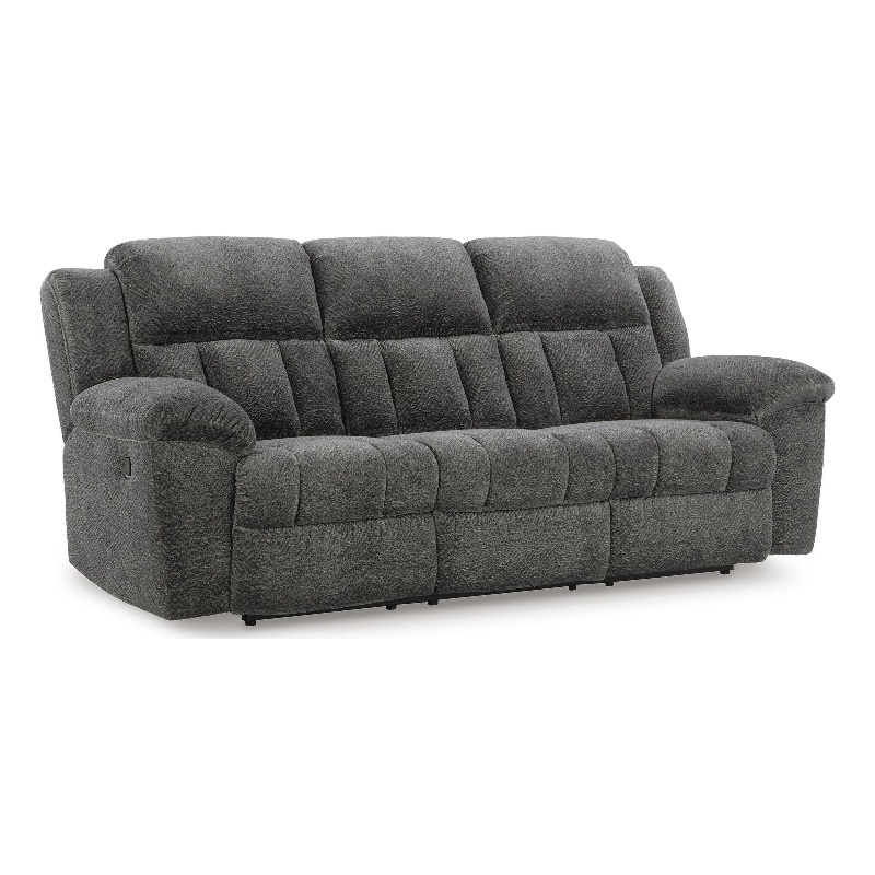 Bowery Hill Reclining Sofa with Pull-Tab Comfort in Dark Gray