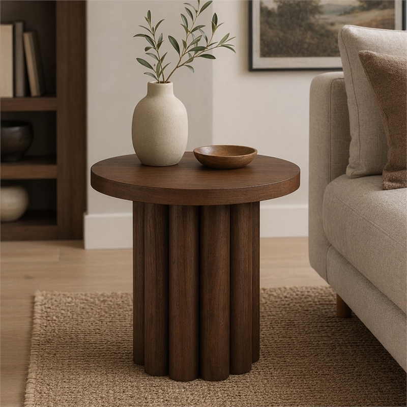 Bowery Hill Round End Table with Veneer Finish in Brown