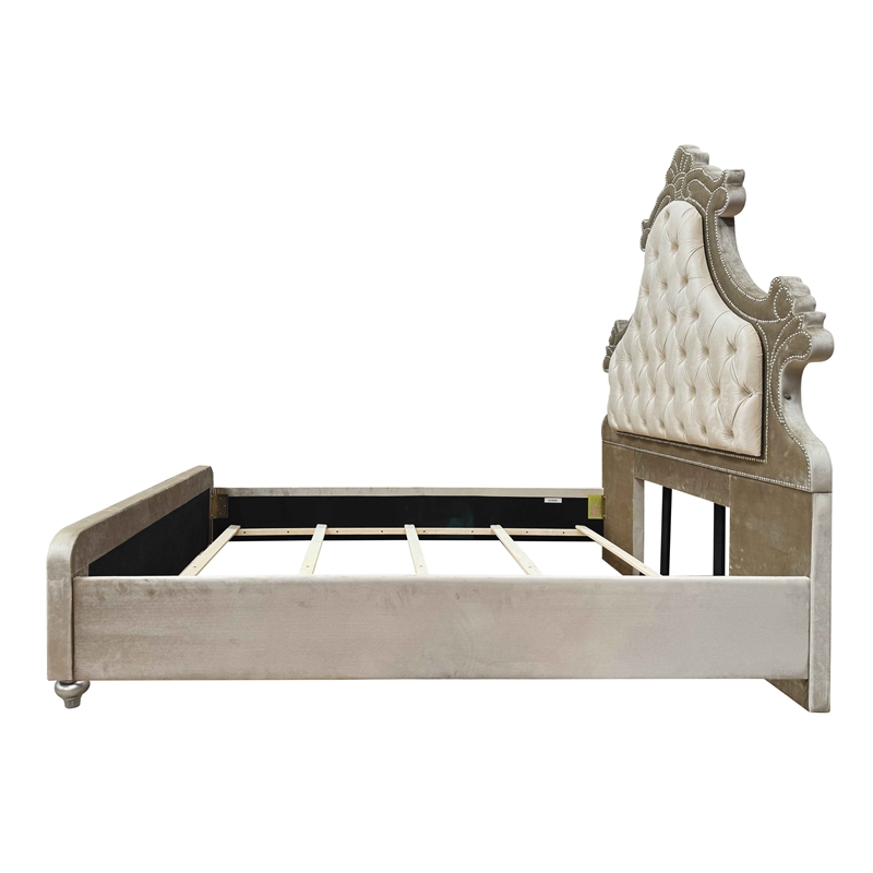 Bowery Hill Velvet Upholstered Eastern King Bed with LED in Beige