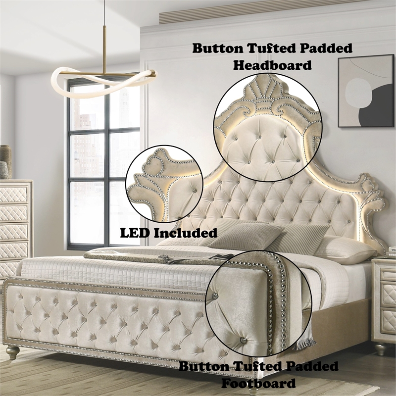 Bowery Hill Velvet Upholstered Eastern King Bed with LED in Beige