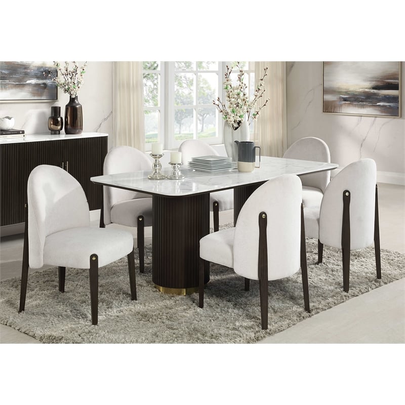 Bowery Hill MDF Artificial Marble Dining Table in White and Espresso