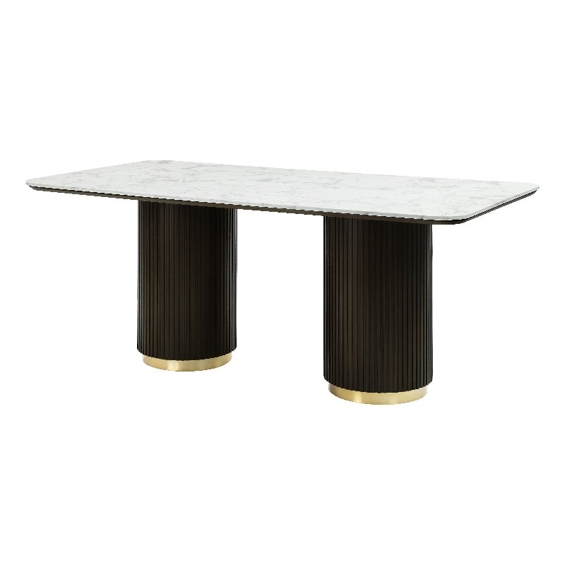 Bowery Hill MDF Artificial Marble Dining Table in White and Espresso