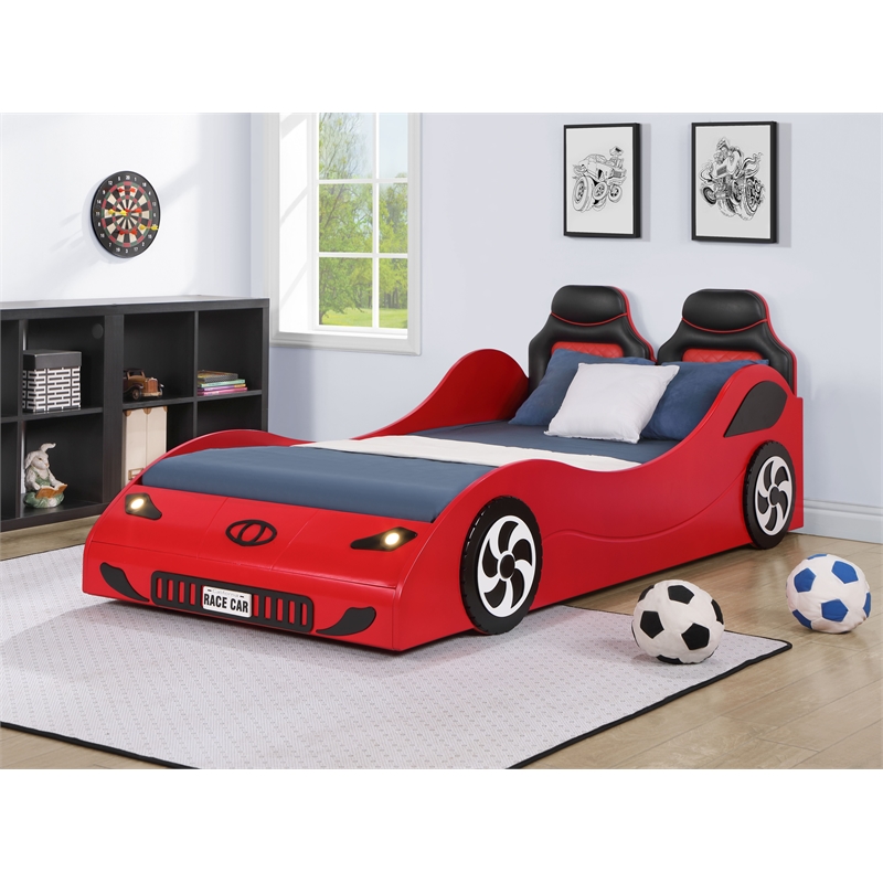 Bowery Hill Transitional Red Twin Car Bed with Pine and PU Leather