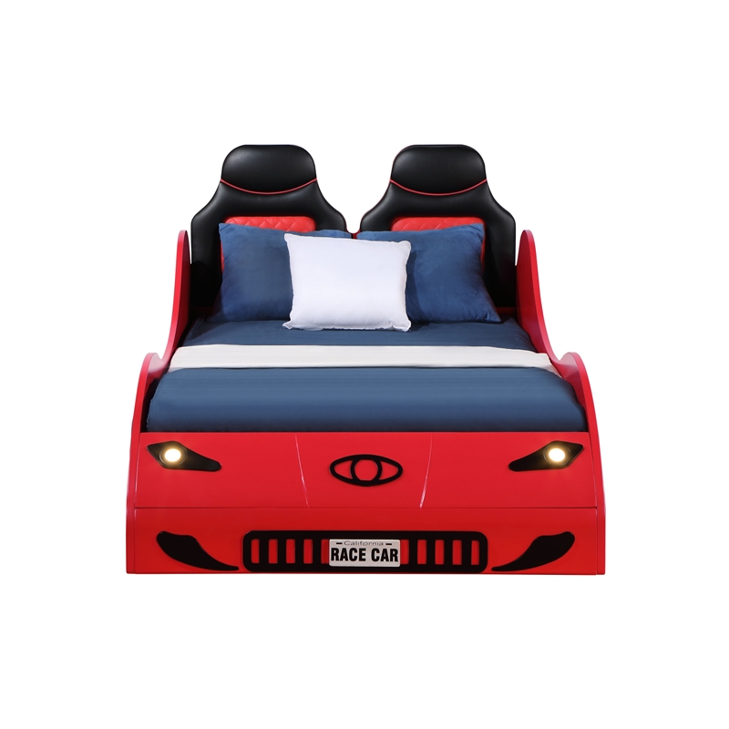 Bowery Hill Transitional Red Twin Car Bed with Pine and PU Leather