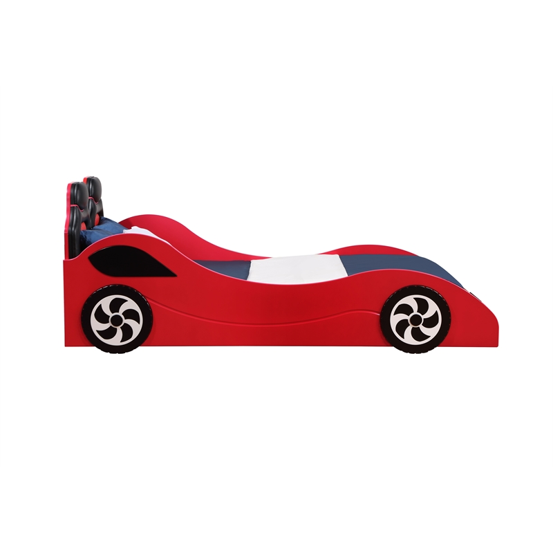 Bowery Hill Transitional Red Twin Car Bed with Pine and PU Leather