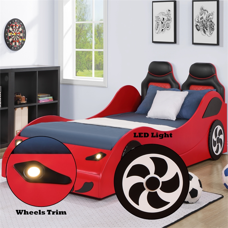 Bowery Hill Transitional Red Twin Car Bed with Pine and PU Leather