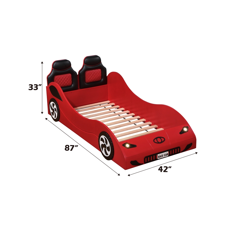 Bowery Hill Transitional Red Twin Car Bed with Pine and PU Leather