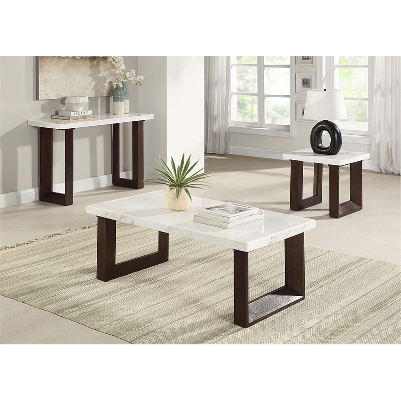 Bowery Hill Marble and Wood Rectangular Sofa Table in White and Brown