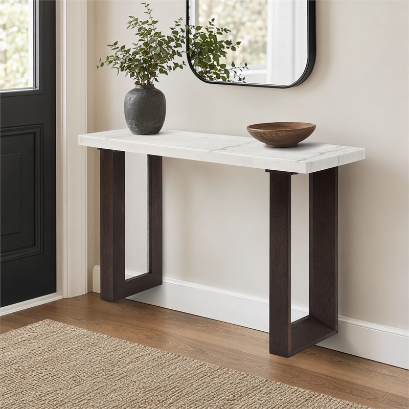 Bowery Hill Marble and Wood Rectangular Sofa Table in White and Brown