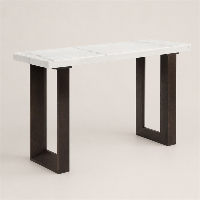 Bowery Hill Marble and Wood Rectangular Sofa Table in White and Brown
