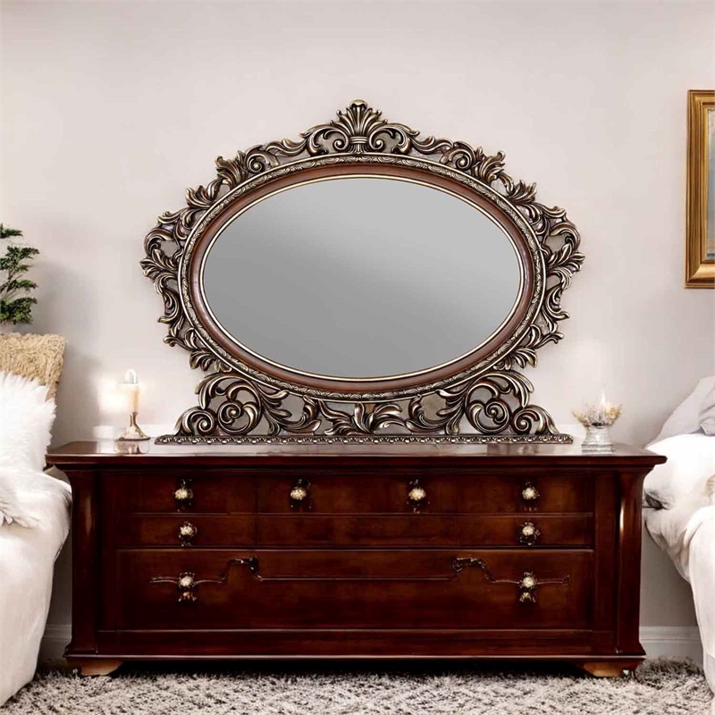 Bowery Hill Oval Mirror with Scrolled Frame in Rich Cherry Finish