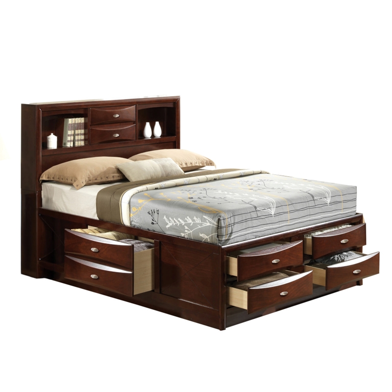 Bowery Hill Queen Storage Platform Bed in Espresso with Bookcase Headboard