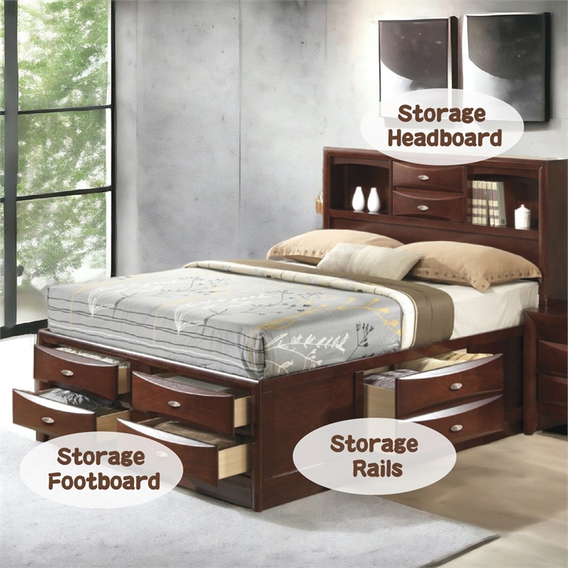 Bowery Hill Queen Storage Platform Bed in Espresso with Bookcase Headboard