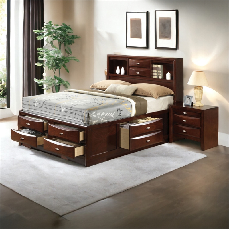 Bowery Hill Queen Storage Platform Bed in Espresso with Bookcase Headboard