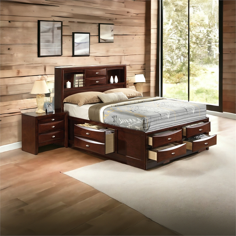 Bowery Hill Queen Storage Platform Bed in Espresso with Bookcase Headboard