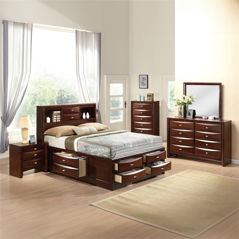 Bowery Hill Queen Storage Platform Bed in Espresso with Bookcase Headboard