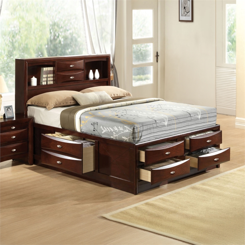 Bowery Hill Queen Storage Platform Bed in Espresso with Bookcase Headboard