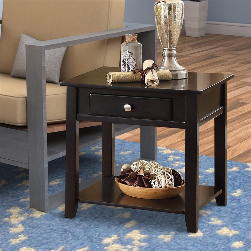 Bowery Hill End Table with Drawer and Shelf in Black