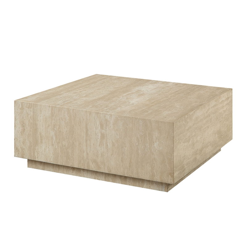 Bowery Hill Square Coffee Table with Travertine Top in Natural Beige