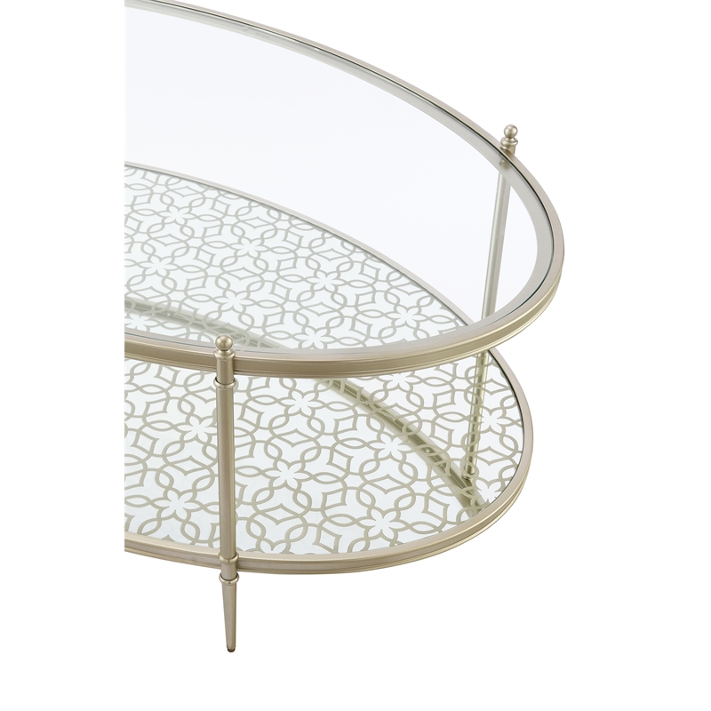 Bowery Hill Metal and Tempered Glass Oval Coffee Table in Silver