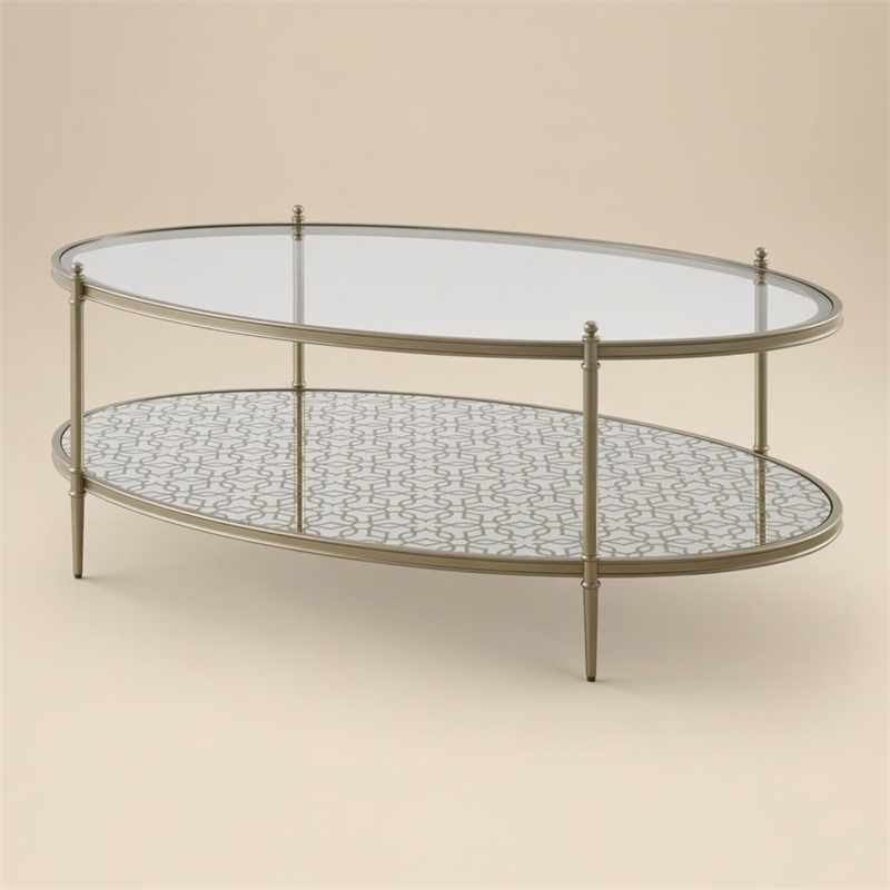 Bowery Hill Metal and Tempered Glass Oval Coffee Table in Silver