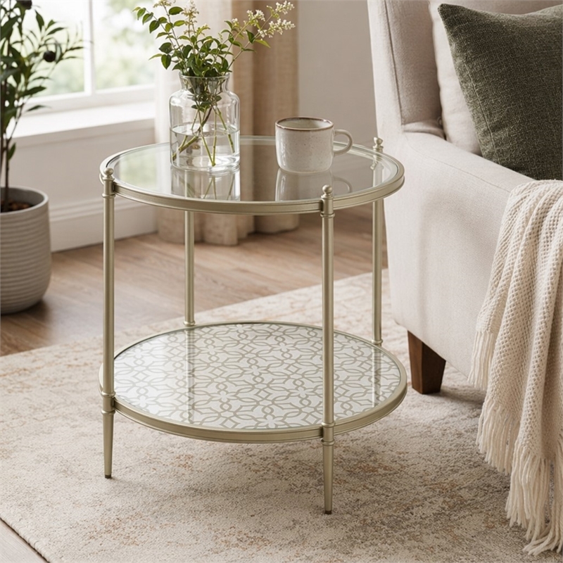 Bowery Hill Round End Table with Metal Frame and Tempered Glass Top in Silver