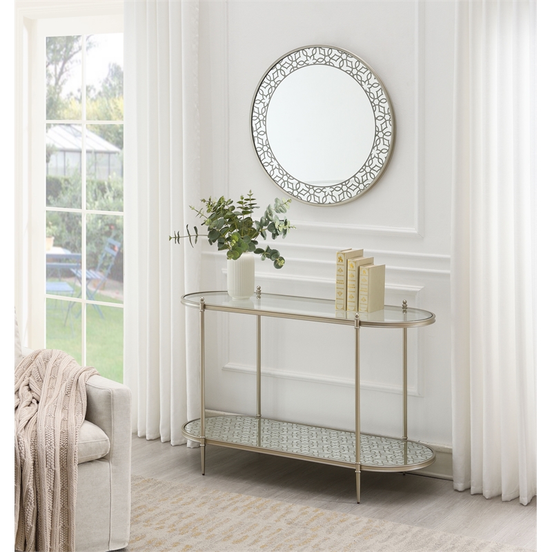 Bowery Hill Oval Metal Sofa Table with Tempered Glass in Silver Clear