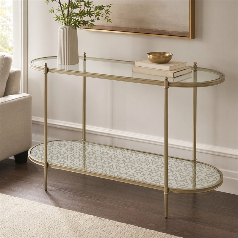 Bowery Hill Oval Metal Sofa Table with Tempered Glass in Silver Clear
