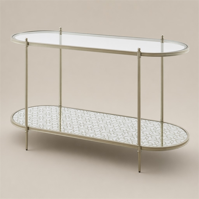 Bowery Hill Oval Metal Sofa Table with Tempered Glass in Silver Clear