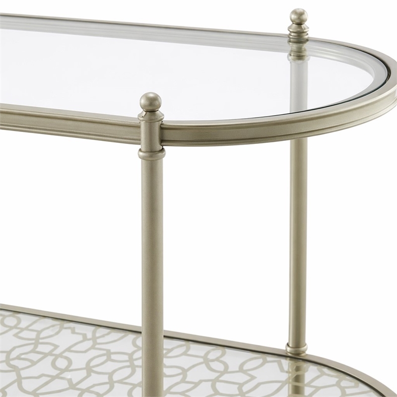 Bowery Hill Oval Metal Sofa Table with Tempered Glass in Silver Clear